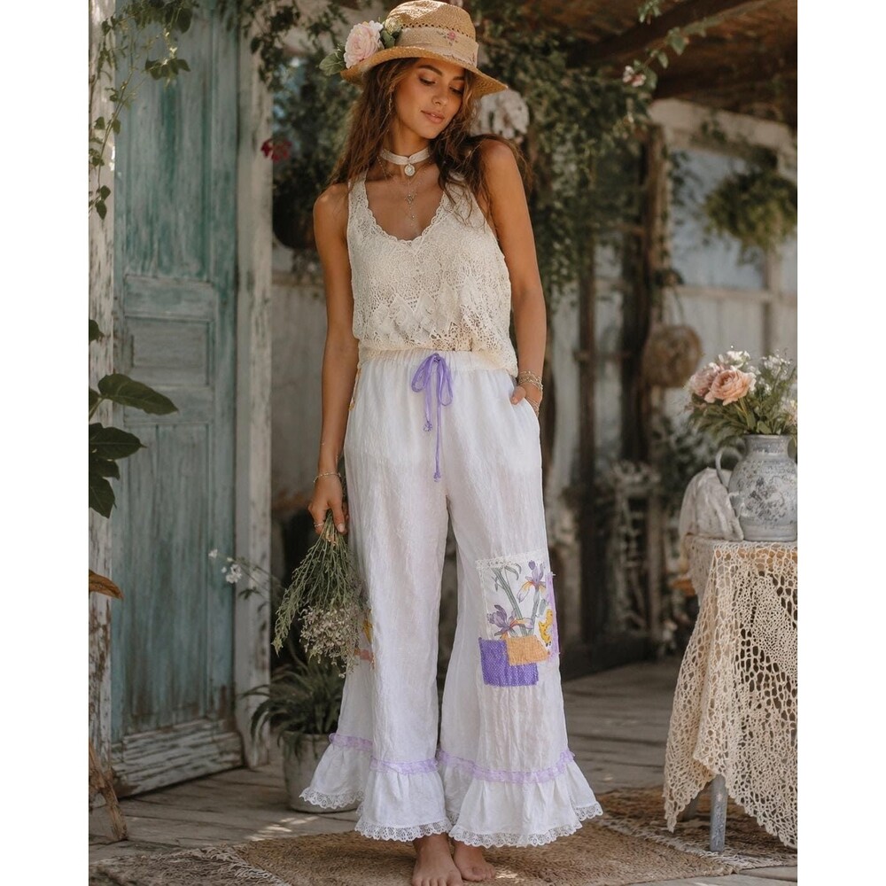 OOAK White Linen Bloomer Pants Purple Yellow Flower Appliqu Patchwork Boho Crop